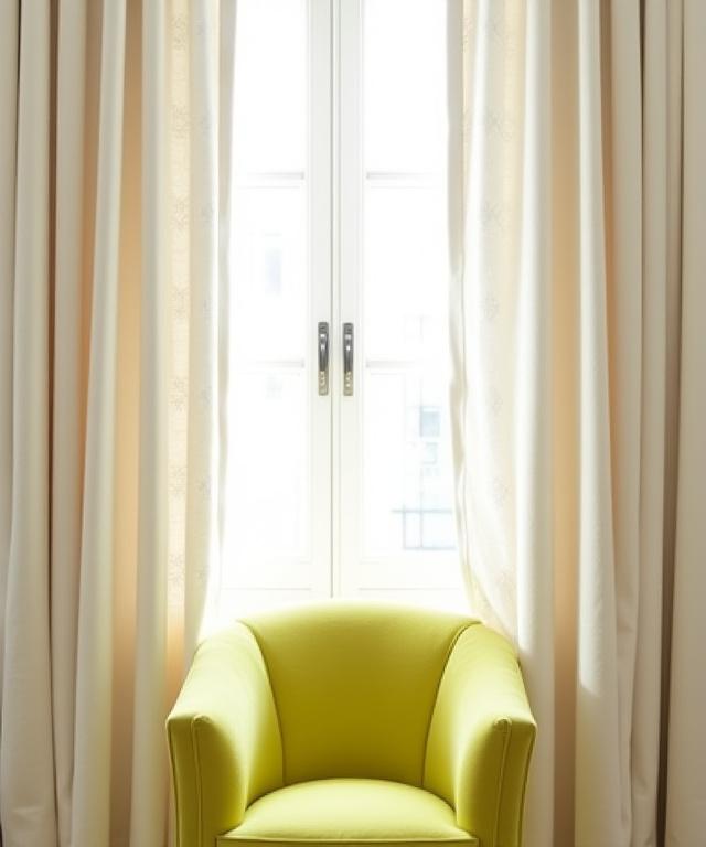 Custom embroidered linen curtains in a soft off-white grace a tall window, partially revealing a vibrant chartreuse designer armchair.